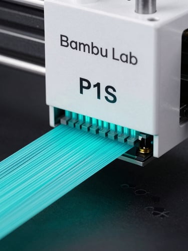 Macro shot of a Bambu Lab P1S print head extruding glowing turquoise PLA filament with micro-precision layer lines, dark technical background, sharp focus, cool studio lighting.