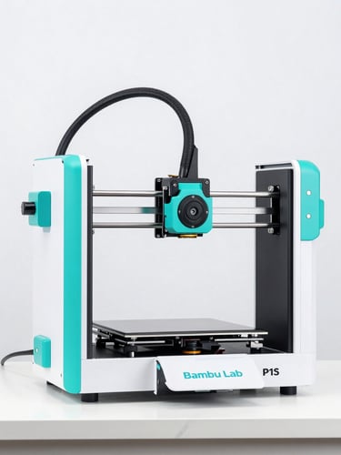 Side profile of a modern Bambu Lab P1S 3D printer operating in a pristine, minimalist workshop, bright clean studio lighting, turquoise accents visible.