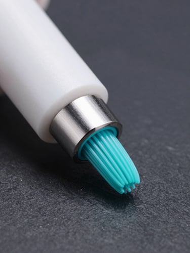Macro shot of a high-tech 3D printing nozzle extruding glowing turquoise filament with extreme precision, clean studio lighting, dark slate background.