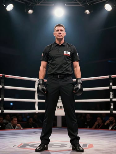 Dignified portrait of a certified KBI referee in official black uniform standing in the center of a professional kickboxing ring, dramatic spotlight from above, high-contrast lighting.