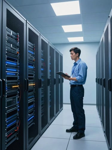 Cinematic wide shot of a clean, high-tech server room with cool blue lighting, an engineer holding a tablet looking at a server rack, sharp focus, 35mm.