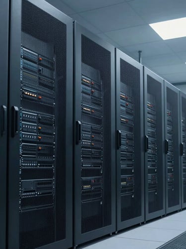 Cinematic wide shot of a modern corporate server room, cool crisp architectural lighting, deep graphite tones, sharp focus, 35mm.