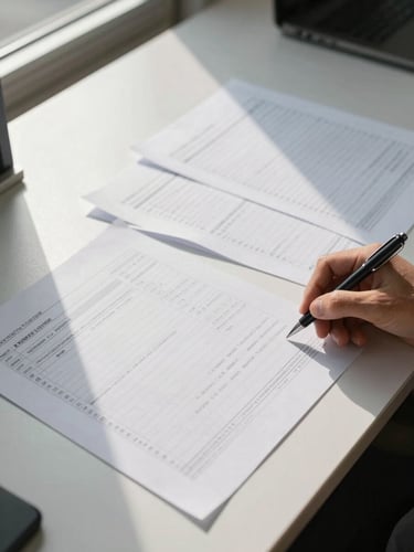 Wide office desk from above, open spreadsheet printouts being reviewed by a single hand with a pen, natural daylight from a window casting soft shadows across the papers, unglamorous and precise
