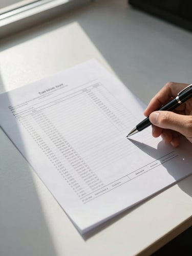 Overhead close-up of a tax document being reviewed on a clean desk, a pen resting beside it, natural daylight from a nearby office window casting soft shadows across the printed columns of figures