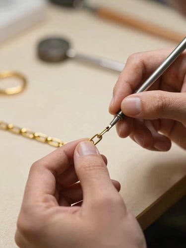 Hands of a master bench jeweler carefully polishing a heavy yellow gold chain under soft, diffused side-light, gold dust visible, warm workshop background