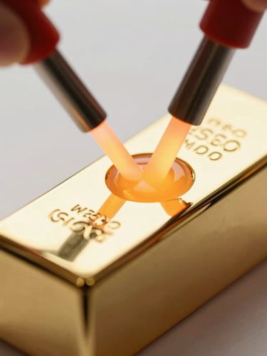 Extreme close-up macro shot of a raw gold ingot being melted with a torch, glowing molten metal, soft natural side-light, shallow depth of field
