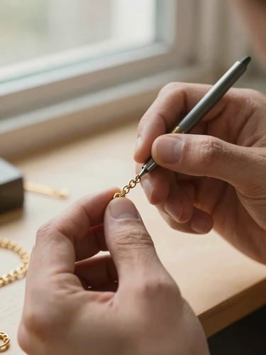 Hands of a master bench jeweler carefully polishing a solid gold chain under soft window light, warm tones, shallow depth of field