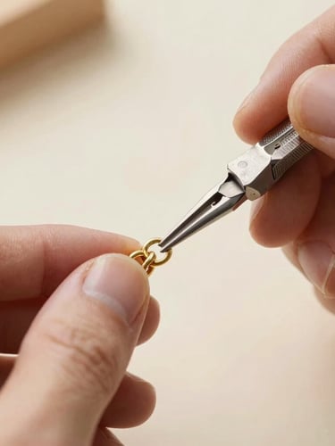 Extreme macro close-up of a jeweler's hands soldering gold links, soft natural side-light, warm ivory tones, atmospheric