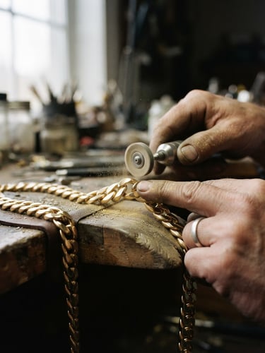 Macro close-up of a master bench jeweler's hands polishing a heavy solid gold chain under soft, natural side-light, gold dust visible, editorial jewelry photography, 35mm