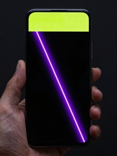 A close-up of a hand holding a modern Android phone displaying a minimalist physics-based game with vibrant neon violet trail lines, 35mm