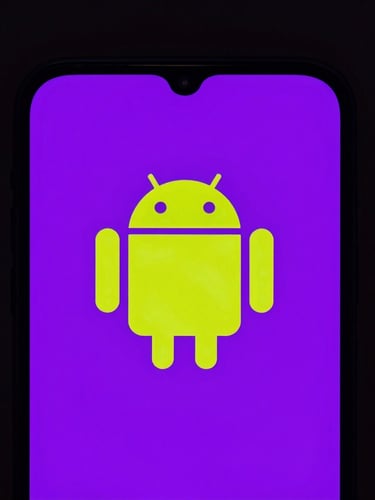 Macro shot of a physical Android device displaying a minimalist, high-contrast vector UI, neon violet ambient backlight reflecting off the glass screen, 35mm