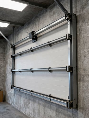 Wide shot of a heavy-duty commercial garage door track system mounted to a concrete wall, natural overhead light, steel rails and hardware in sharp focus, grease marks and wear visible on the mechanism