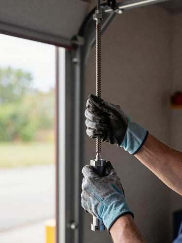 Technician hands gripping a spring tension rod inside a garage door frame, close framing showing gloved hands and a steel adjustment collar, natural daylight from the open bay to the left