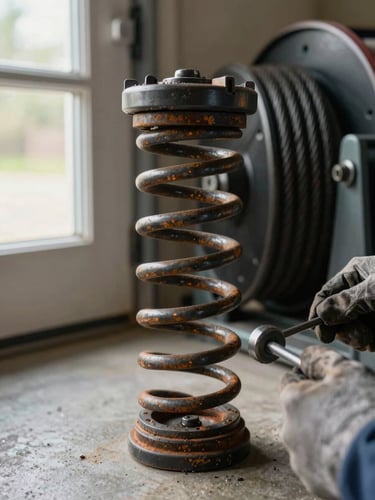 Extreme close-up of a torsion spring assembly on a residential garage door, natural window light from the left catching rust striations on the coils and the cable drum behind it, a technician's gloved hand gripping a winding bar mid-adjustment, concrete floor visible below