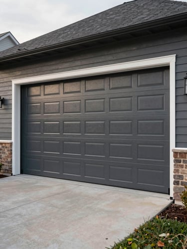 Wide environmental shot of a large residential steel garage door installed flush on a charcoal-sided home in Springfield, natural overcast daylight, door hardware and track visible at the frame edges, expansive driveway in foreground, door occupying the right two-thirds of the frame