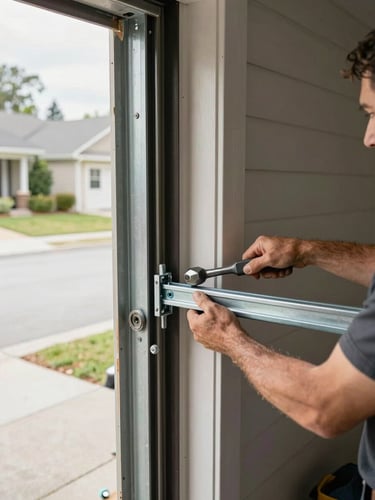 Wide shot of a residential garage door mid-installation, technician hands gripping a steel track bracket and securing it to the door frame with a socket wrench, natural daylight from the open driveway illuminating worn hardware and fresh mounting hardware side by side — left edge of frame bleeds to canvas