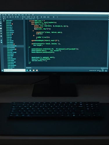 Perfect flat-lay of a minimalist developer desk at night, illuminated only by the screen glow of a terminal window displaying clean green code, high contrast, dark aesthetic.