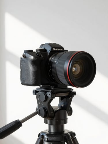 Close-up of a high-end camera setup on a tripod in a bright, white-walled photography studio, sunbeams casting soft shadows, 35mm lens, sharp focus.