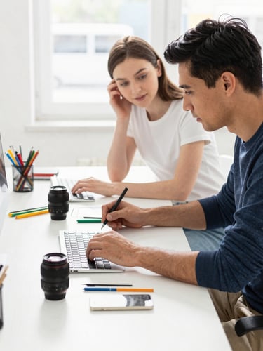A bright, sunlit creative workspace with high-key natural daylight, showing two designers collaborating over a clean white desk with design tools, 35mm lens, sharp focus.