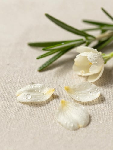 Macro shot of fresh jasmine petals and rosemary leaves glistening with morning dew on a textured linen surface, soft natural daylight, organic leaf shadows, 35mm