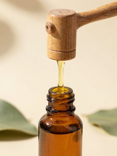Golden herbal oil slowly dripping from a traditional wooden press into a dark amber glass bottle, warm morning light, macro photography, 35mm