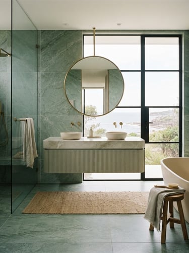 Architectural straight-on view of a luxury coastal bathroom with large-format sea-moss green stone slabs, perfectly aligned grout lines, bright natural daylight, 35mm