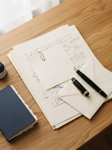 Overhead flat lay of organized paper documents, a classic fountain pen, and a clean wooden desk under soft natural window light, 35mm photography