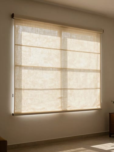Close environmental portrait of a Delhi living room, tall roller blinds filtering afternoon north-facing light across a neutral plaster wall, fabric weave visible in the mid-ground, empty room, warm cream tones, no people