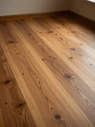 Close environmental portrait of a Delhi interior showing wide-plank engineered wood flooring catching soft north-facing daylight, grain texture visible, room edges receding into shadow, empty space, warm amber tones, no people