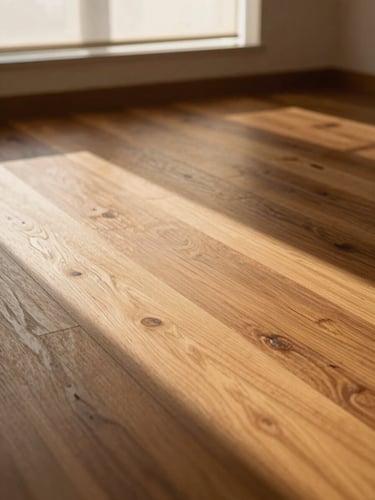 Portrait-oriented close-up of wide hardwood floor planks in an empty Delhi room, raking north-facing afternoon light drawing long shadows along the grain lines, warm amber tones in the wood, a roller blind softly diffusing light at the window edge in the far background, no people, no furniture