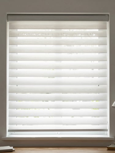 Angled close-up of aluminium venetian blind slats, fine horizontal lines casting parallel shadow bands on a warm cream wall, soft diffused daylight, no people
