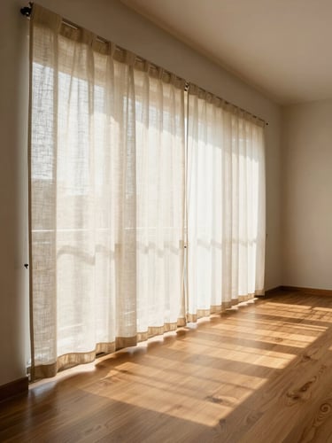 Wide environmental shot of a finished Delhi living room interior, camera positioned low-left to frame the full height of linen roller blinds filtering soft north-facing daylight, warm engineered wood floor stretching to the right, empty room with no people, natural morning light casting long shadow bands across the floor grain, portrait aspect filling the frame edge to edge