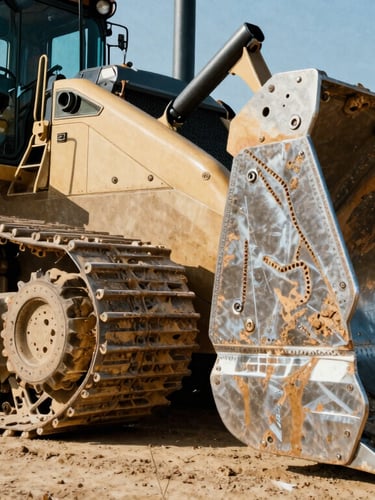 Low-angle heroic shot of a massive crawler dozer blade caked in dry earth, high-contrast sunlight highlighting steel weld textures, 35mm film grain.