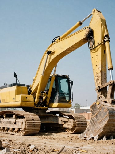 Low-angle heroic shot of a massive yellow crawler excavator digging in a dusty construction site, high-contrast natural sunlight, 35mm film grain