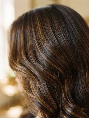Close-up of a client's hair, showcasing rich texture and shine, styled with precision, warm diffused window light, soft-focus background, 35mm.
