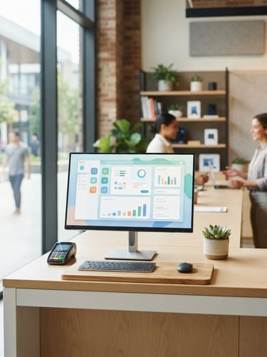 Bright professional photography of a modern computer terminal with clean digital screens, natural daylight through a window, welcoming digital service hub, 35mm