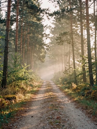A quiet forest path in Sologne at sunrise, golden light piercing through the morning mist and tall pine trees, soft natural colors.