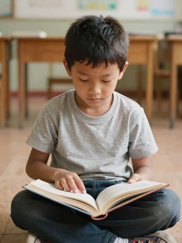 Portrait of a young child intensely focused on a book, sitting on a classroom floor, warm natural daylight, candid, documentary style, 35mm lens.