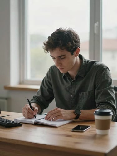 An environmental portrait of a journalist working at a clean wooden desk, a notebook and a coffee cup, natural morning light filtering through a window, desaturated documentary style.