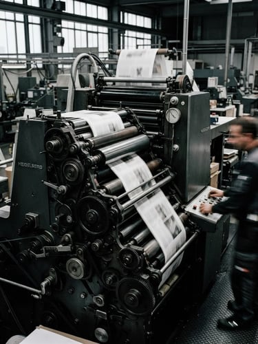 A sharp 35mm documentary photograph of a modern printing press in motion, high-contrast black and ink tones, natural overcast light, Swiss-minimalist editorial style.