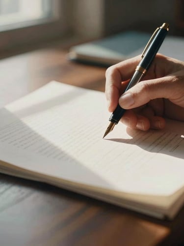 Close-up of hands holding a fountain pen over textured paper documents on a dark wooden desk, warm afternoon sunlight casting soft shadows, shallow depth of field, 35mm
