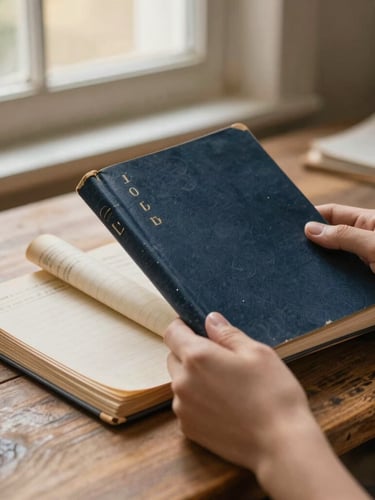 Close-up of hands holding old work record books over a rustic wooden table, warm golden hour light coming from a window, shallow depth of field, 35mm
