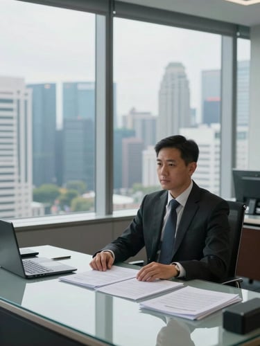 Environmental wide shot of a property lawyer at a glass-topped desk in a Singapore high-rise office, documents spread open, overcast daylight from floor-to-ceiling windows, suit jacket on chair back, no eye contact with camera, city skyline softly out of focus in background