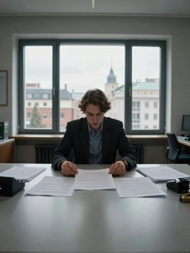 Wide environmental shot inside a quiet institutional office, a practitioner seated at a broad desk reviewing a printed multi-page document, north-facing window light falling evenly across the paper, architectural details of a foreign city visible through the glass behind—understated, documentary framing