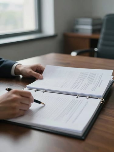Wide environmental shot inside a legal or financial office, a professional's hands resting on an open binder of regulatory documents laid across a broad desk, north-facing window light casting even cool illumination, no harsh shadows, papers and a pen visible in sharp detail, understated office interior in background slightly out of focus