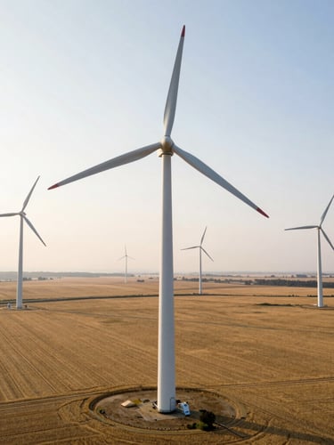 Wide-angle aerial shot of massive modern wind turbines standing in a golden wheat field during sunrise, high contrast, clean industrial lines, overcast morning light.