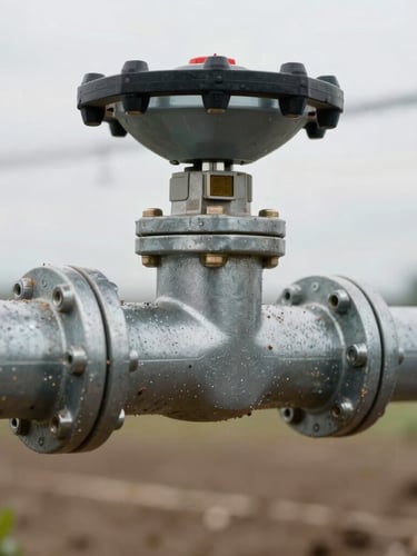 Close-up macro shot of a modern agricultural irrigation control system integrated with a rugged steel pipe, natural overcast light, focus on textures of metal and soil.