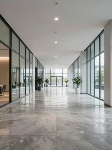 Wide-angle architectural shot of a bright modern corporate lobby, clean polished concrete floor reflecting soft diffuse light, minimal glass partitions.