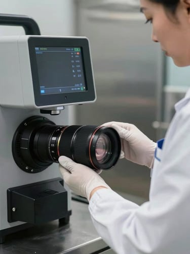 Close-up of a professional in a clean white uniform operating high-tech sanitization equipment, cold bright lighting, clean steel backgrounds