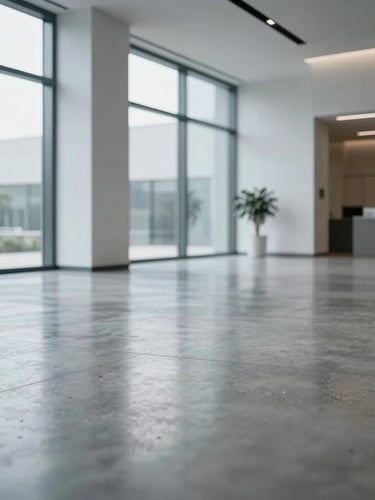 A close-up shot of a pristine, modern corporate lobby with polished concrete floors reflecting cool, diffuse natural light from large windows. Minimalist architectural lines, sharp focus, clinical cleanliness.